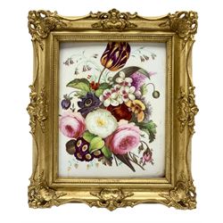 English 19th century rectangular porcelain panel, possibly Coalport, hand painted with an arrangement of flowers including roses, auricula, bluebells etc against a plain ground, set within gilt frame, 21cm x 16.5cm 