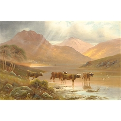 G F Watson (British 19th century): Highland Cattle Watering, oil on canvas signed 39cm x 59cm