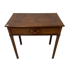 George III mahogany side table, moulded rectangular top over single cock-beaded drawer, square tapering supports with inner chamfer 