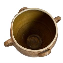 Large three-handled earthenware urn, with brown and drip glazed body