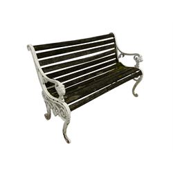 Cast aluminium and wood slatted garden bench, the scrolled arms terminating in lion masks, the side aprons pierced with scrolls and acanthus leaves, raised on cabriole supports