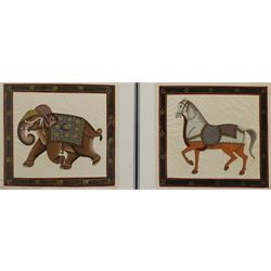Mughal School (20th century): Horse and Elephant, pair paintings on fabric unsigned 36cm x 39cm (2)
