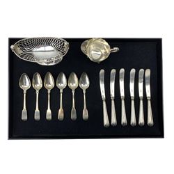Silver navette shape sweetmeat dish with scroll handles, pierced sides and pedestal foot H11cm Sheffield 1916 Maker James Dixon & Sons, silver cream jug with crimped rim, set of six early 19th century silver fiddle pattern teaspoons and six silver handled pastry knives