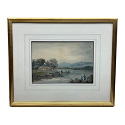 E Lewis (British late 19th century): Anglers Fishing in a Woodland River, pair watercolours signed and dated '97, 34cm x 17cm; Harry English (British 19th century): Lakeside Landscape with Figures, pair watercolours unsigned 24cm x 36cm (4)