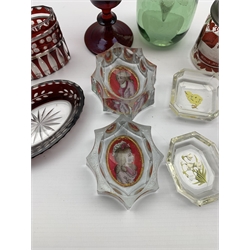 Pair of early 19th century Bohemian clear glass salts with portrait miniatures on ruby glass and gilt ground, four Heinrich Hoffmann intaglio cut pin dishes, miniature Bohemian ruby overlay glass tankard, similar style wine glass, Victorian glass dump etc 