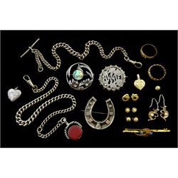 Four pairs of gold stud earrings, two gold stone set rings, brooch and locket, all 9ct stamped or tested, Victorian silver horseshoe brooch, silver watch chains and two other silver brooches, all stamped or hallmarked