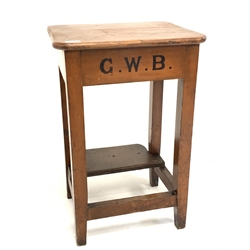  Early 20th century stained pine work stool, painted with monogram 'G.W.B' (W44cm) together with a carved and ebonised occasional table, (W31cm) and a small Victorian mahogany tripod occasional table, (W51cm)  