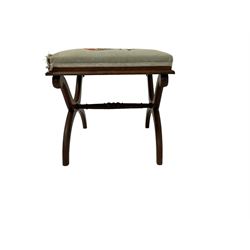 19th century rosewood stool, tapestry cross-stitch seat with golden pheasant and foliage decoration, raised on curved X-frame base with ring turned stretcher