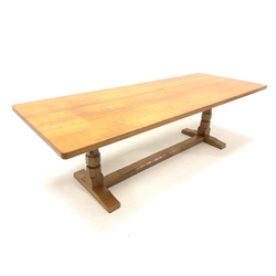 'Mouseman' Yorkshire oak 8’ refectory style dining table, adzed top raised on octagonal turned and block supports with sledge feet, united by adzed stretcher, carved with mouse signature, 244cm x 91cm, H76cm