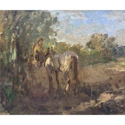 Arthur Spooner (British 1873-1962): Figure with Horse in Field, oil on panel signed verso 30cm x 35cm