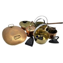19th century copper kettle, flat irons, preserve pans, 19th century brass trivet and miscellanea 