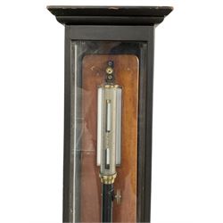 John Hicks of Hatton Garden, London - Kew station barometer housed in a glazed ebonised case, with a gimbal mount, silvered register and vernier, visible mercury cistern and fully enclosed mercury tube,  surface mounted Fahrenheit mercury thermometer. No mercury present in cistern.
Born in Ireland, John Hicks was one of London's finest 19th century barometer and instrument makers.