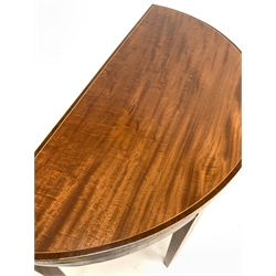 Georgian mahogany demi-lune fold over tea table, the cross banded top over figured frieze and square tapered supports, with boxwood string inlay