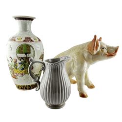 20th century Chinese vase H42cm, large pottery model of a pig and modern jug (3)