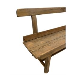 19th century pitch pine church bench or pew, single back rail over plank seat