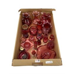 Early 20th century and later cranberry glass including vases, jugs, drinking glasses etc in one box