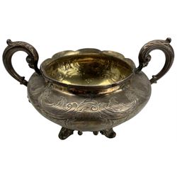Early Victorian silver two handled sugar bowl with engraved decoration, scroll handles and feet D20cm Sheffield 1843 Maker John Waterhouse, Edward Hatfield & Co