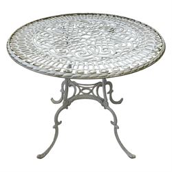 White painted cast alloy metal garden table, scrolling circular top over undertier, on c-scroll supports