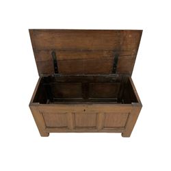 George III oak blanket chest, rectangular hinged lid with moulded edge over panelled front and sides, raised on square supports 