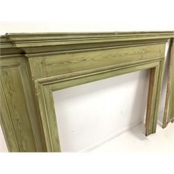 Early 20th century painted pine fire surround, with panelled chimney breast returns (aperture 122cm x 110cm) (return W46cm)