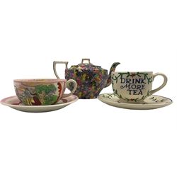 Emma Bridgewater 'Drink More Tea' teacup and saucer, Royal Winton 'Hazel' pattern teapot and a Crown Devon Fieldings reproduction Sunderland Lustre teacup & saucer (a/f) (3)