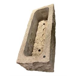 Hewn granite trough or garden planter, rectangular form with tooled edges, the basin with circular pot insets