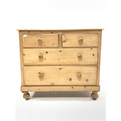 Victorian pine chest, fitted with two short and two long drawers, raised on turned supports, W92cm, H82cm, D46cm