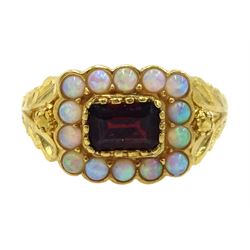 Silver-gilt garnet and opal cluster ring, stamped Sil