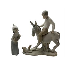 Lladro bisque figure depicting girl with rooster; and four other Spanish bisque figures including a Nao example