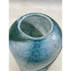 Art Deco Legras glass vase of cylindrical form with mottled tonal blue ground and turquoise stained cut geometric band, H22.5cm 