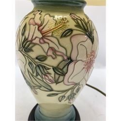 Moorcroft Hibiscus Moon pattern table lamp with shade, H30cm excluding fitting 