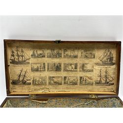 Georgian elm sailor's box, the interior of the lid with pages of engravings in Nautical subjects etc, L40cm and a straw work cotton reel box L16cm