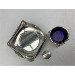Italian 800 standard square bowl 10cm, engraved oval silver pill box and a silver circular salt with blue glass liner London 1935 (3)