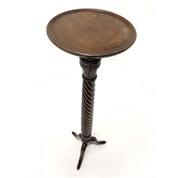 20th century mahogany torchère stand, circular moulded top on acanthus carved and twist reeded column, three out splayed supports, H141cm