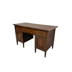 Edwardian mahogany desk, the inset top over three drawers and two cupboards with satinwood inlay 