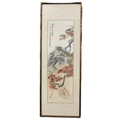 Chinese School (20th century): Eurasian Lynx in Maple Tree, watercolour on silk signed 60cm x 20cm together with picture of cranes and two framed cross stitch pictures (4)