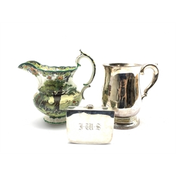 An Edwardian silver-plated sandwich box, the hinged cover engraved J.W.S and dated Feb 23rd 1901, a transfer printed jug inscribed 'Sandbeck Hunt', together with an 18th/ 19th century silver-plated tankard, impressed mark beneath H16cm