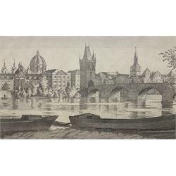 Augustin Tschinkel (Czech 1905-1983): Charles Bridge in Prague - Czech Republic, engraving signed in pencil, dated 1944 in the plate 12cm x 20cm