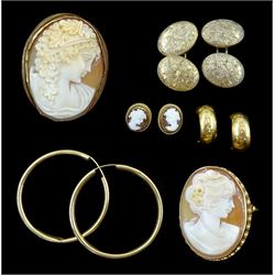 9ct gold jewellery including two cameo brooches, two pairs of hoop earrings and a pair of cameo earrings and a pair of 7ct gold engraved cufflinks