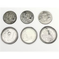 Six United Kingdom one ounce fine silver two pound coins including 2018 'Trafalgar Square', 2019 'Buckingham Palace' etc (6)