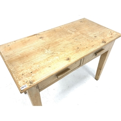  Early 20th century stripped pine kitchen side table, with two drawers, square tapered supports, 110cm x 54cm, H77cm  