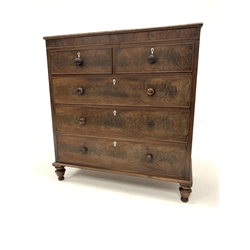 19th century mahogany chest fitted with two short and three long drawers, with reeded moulding to frieze and raised on octagonal turned and tapered supports, W130cm, H160cm, D52cm