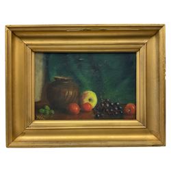 English School (Mid-20th century): Still Life of Fruit on a Ledge, oil on canvas indistinctly signed 30cm x 45cm