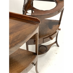 George III mahogany bow front wash stand, with shaped raised back and open shelf over washbowl recess, box wood string inlay to frieze, one drawer under, raised on splayed supports (W55cm) together with another wash stand (W65cm)