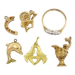 18ct gold lovebird charm, three 9ct gold charms including dolphin, spinning wheel and jug and a 9ct gold Art Deco sapphire and diamond chip ring