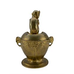 Max Blondat (French, 1872-1925): 'Cupid at Rest', bronze twin-handled bowl and cover, signed Max Blondat 'Siot Paris' for the foundry; impressed 071 beneath, H23cm x W17cm