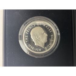 Four The Royal Mint United Kingdom silver proof five pound coins, comprising 2008 'His Royal Highness The Prince of Wales', 2008 'Queen Elizabeth I' piedfort, 2009 'Henry VIII' and 2010 'Restoration of the Monarchy', all cased with certificates (4)