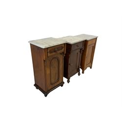 Three late 19th/early 20th century bedside pot cupboards, each with white marble top over drawer and cupboard (the largest - W46cm, H87cm, D37cm)