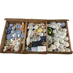 Quantity of blue and green jasperware together with quantity of china cups and other porcelain in two boxes