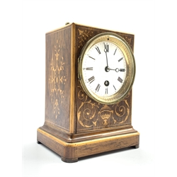  Late 19th century rosewood and floral marquetry mantel timepiece, white enamel dial with Roman numeral chapter ring, eight day single train movement, H20cm  